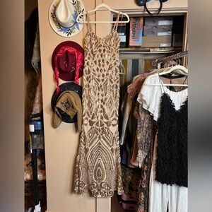 Dress the Population Beautiful Nude and Gold Sequin Fit and Flare Dress